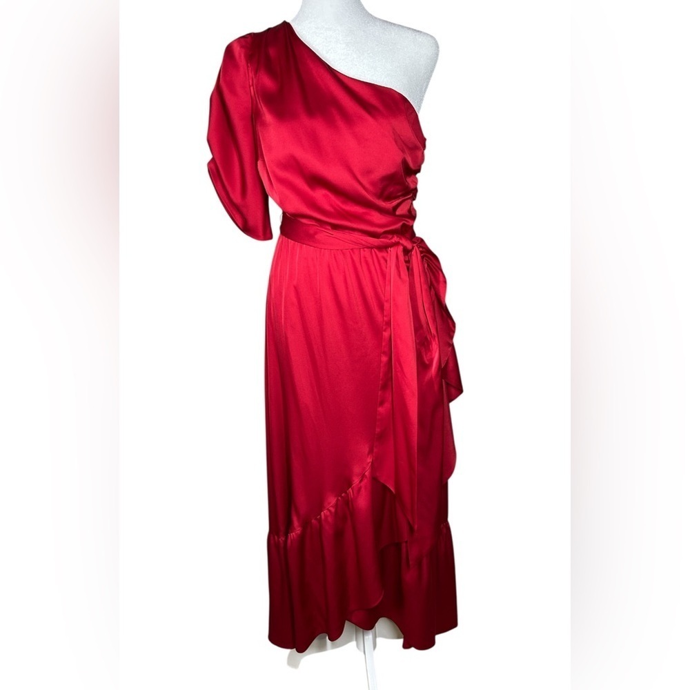 AMUR Red Topanga One-Shoulder Faux Wrap Sexy Cocktail Evening Holiday Dress Sz 2 - Picture 13 of 16